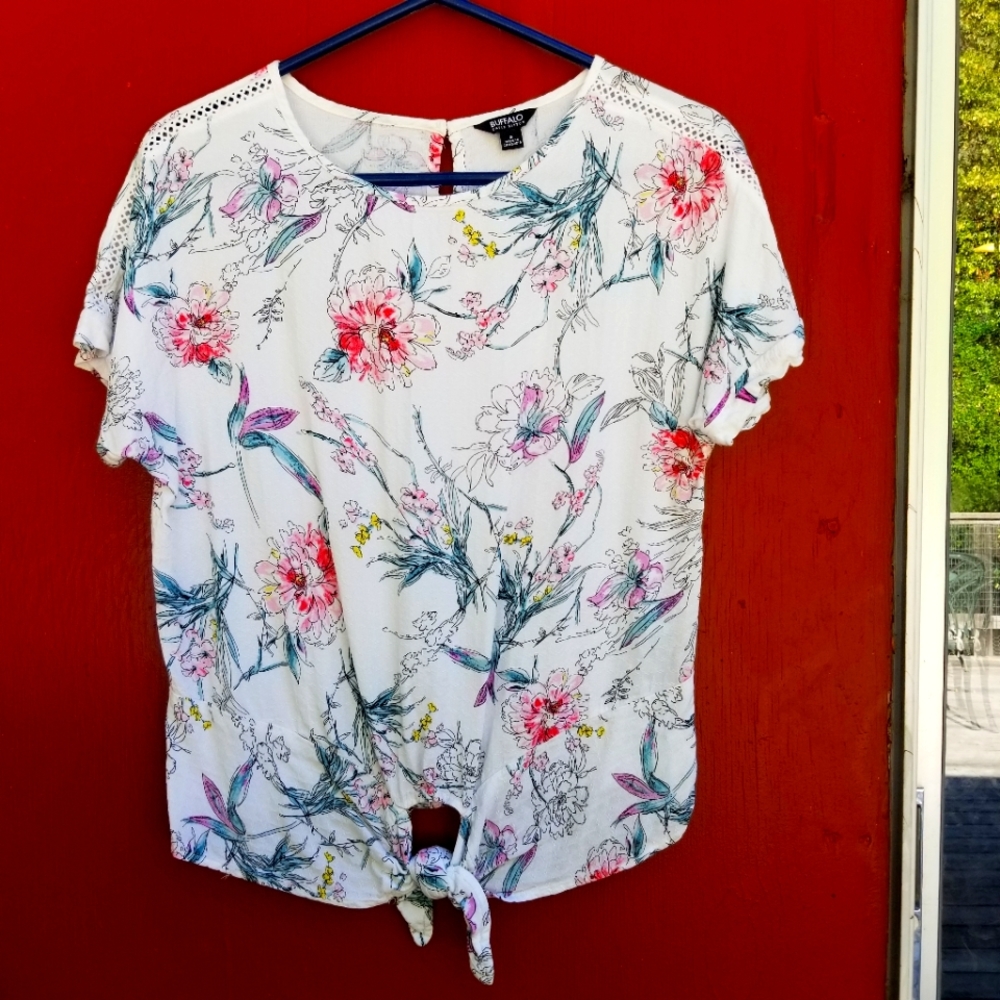 White Floral Buffalo Blouse, Tie Front